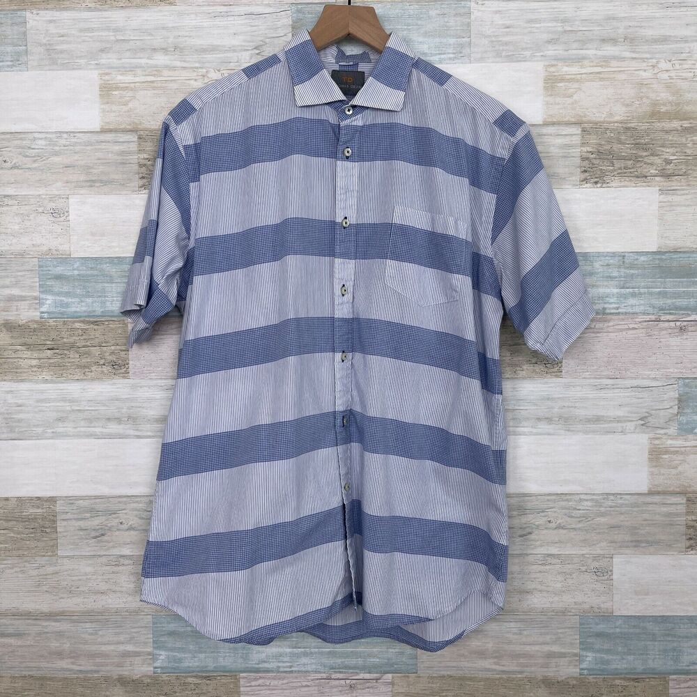 Thomas Dean Plaid Short Sport Shirt Blue Spread Collar Cotton Casual Mens Large